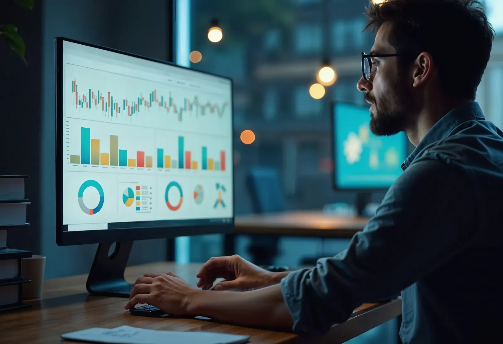Profissional analisando gráficos e indicadores em um dashboard